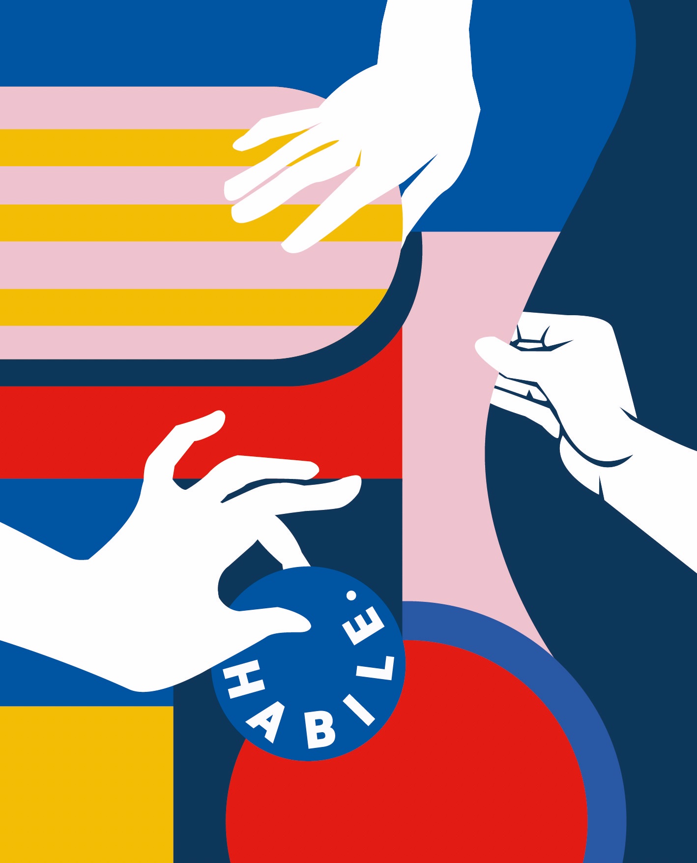 Illustration graphique HABILE. en collaboration avec Papier Tigre : trois mains blanches stylisées sur fond de blocs colorés, l'une tenant le badge rond bleu du logo.